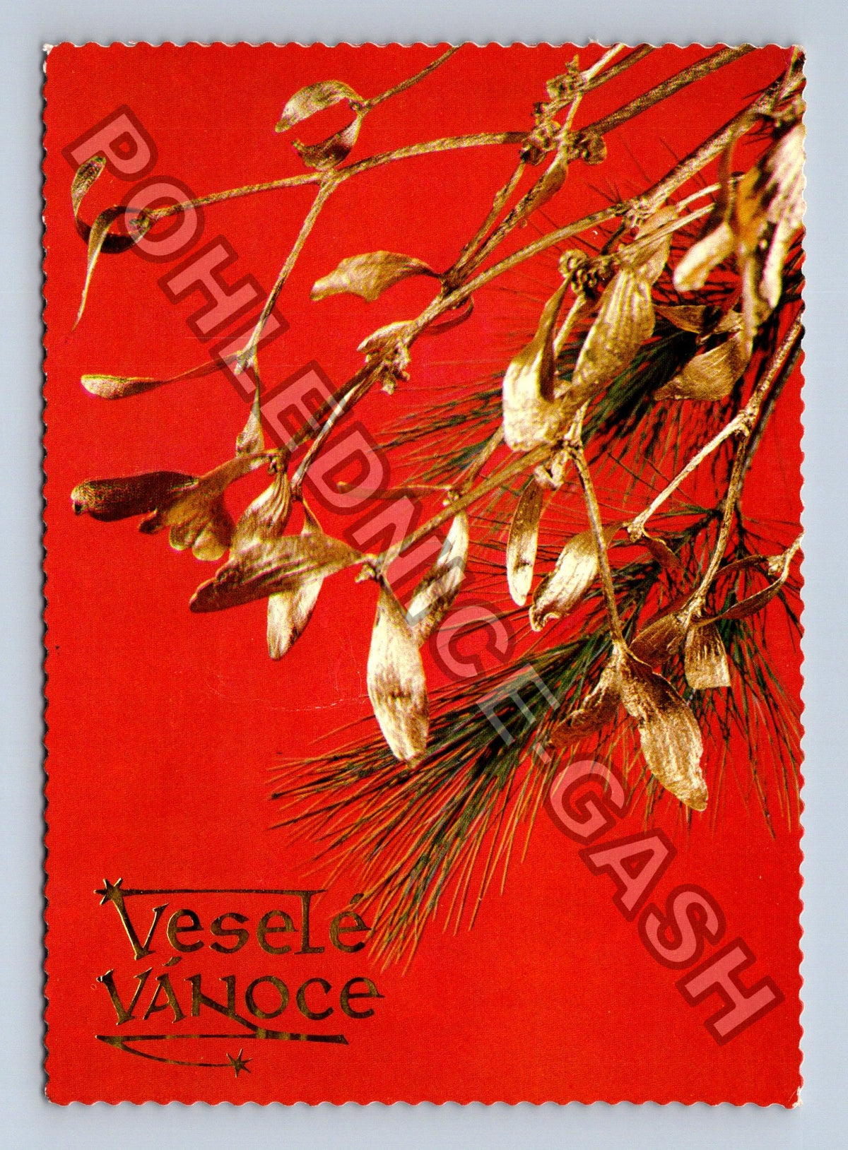 Pohlednice Vánoční motiv jmelí a jehličí 1977 (M40806)