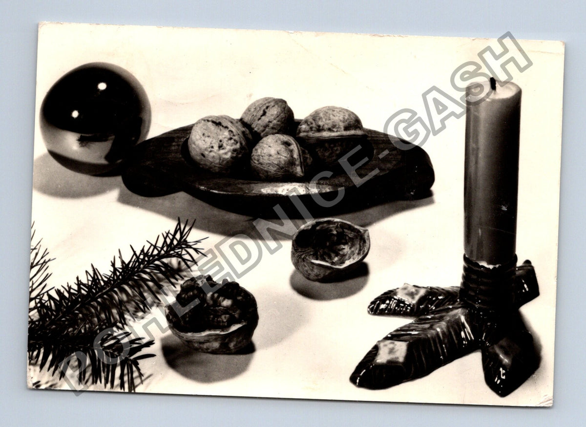 Pohlednice Vánoční pozdrav zátiší s ořechy a svíčkou 1976 (M40839)