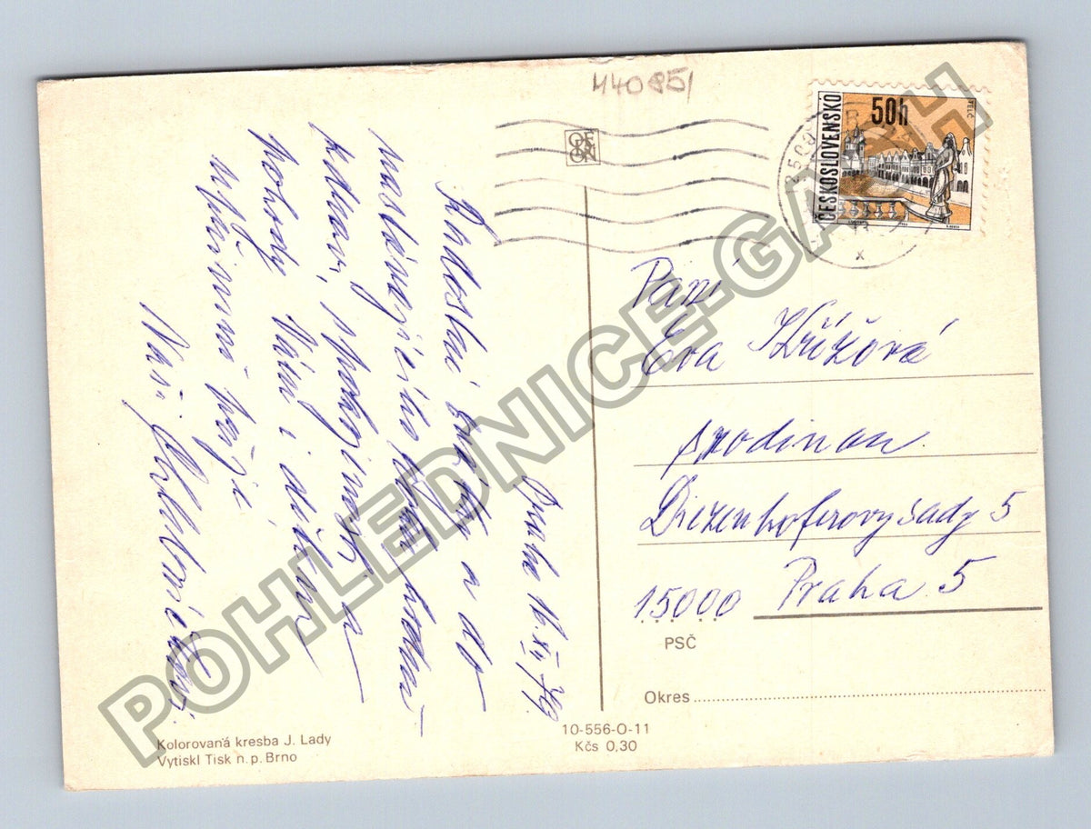 Pohlednice Kolorovaná kresba J Lady zimní krajina (M40851)
