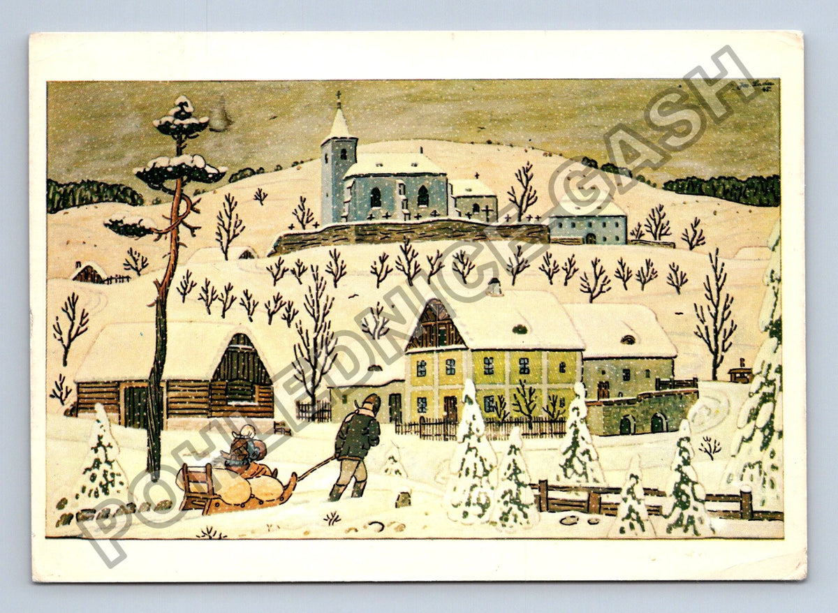 Pohlednice Vánoční motiv Josef Lada zima vesnice (M40858)