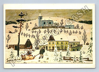 Pohlednice Vánoční motiv Josef Lada zima vesnice (M40858)