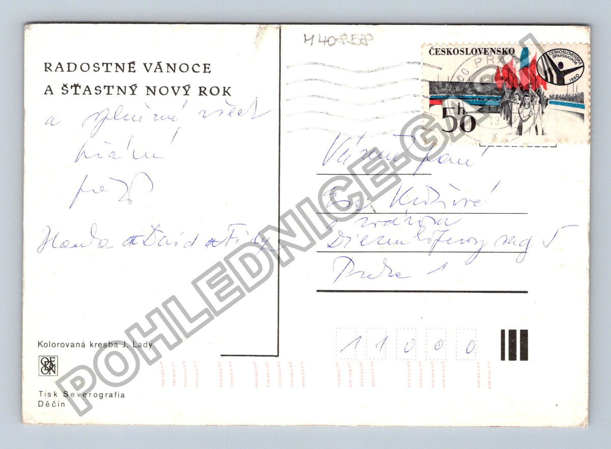 Pohlednice Vánoční motiv Josef Lada zima vesnice (M40858)