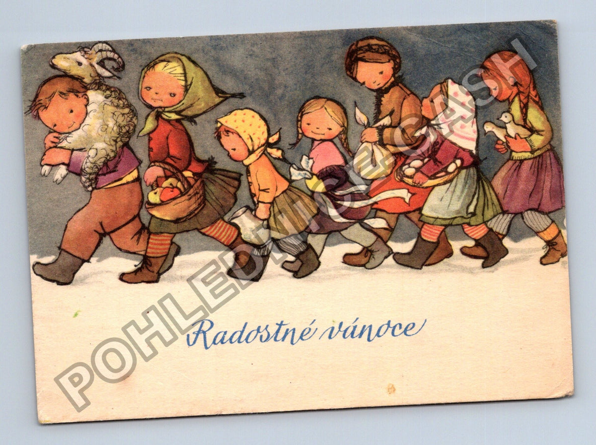 Pohlednice Radostné vánoce děti ovce husa (M40870)