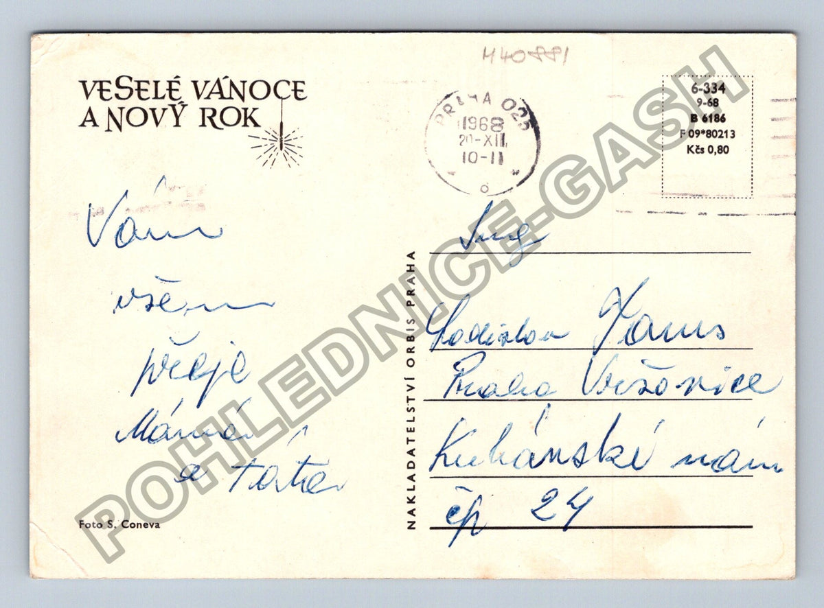 Pohlednice Veselé Vánoce a Nový Rok lyžaři sníh 1968 (M40881)