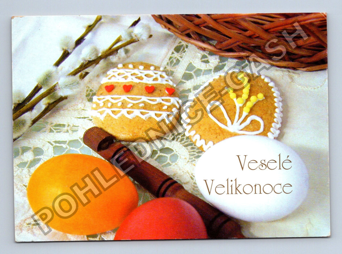 Pohlednice Veselé Velikonoce perníčky pomlázka vejce 2002 (M40900)