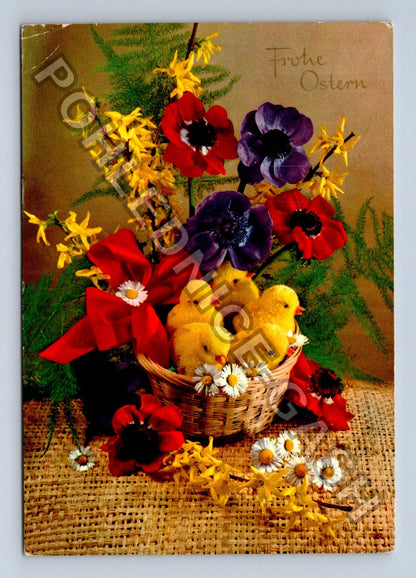 Pohlednice Velikonoční přání kuřátka květiny Frohe Ostern (M40924)