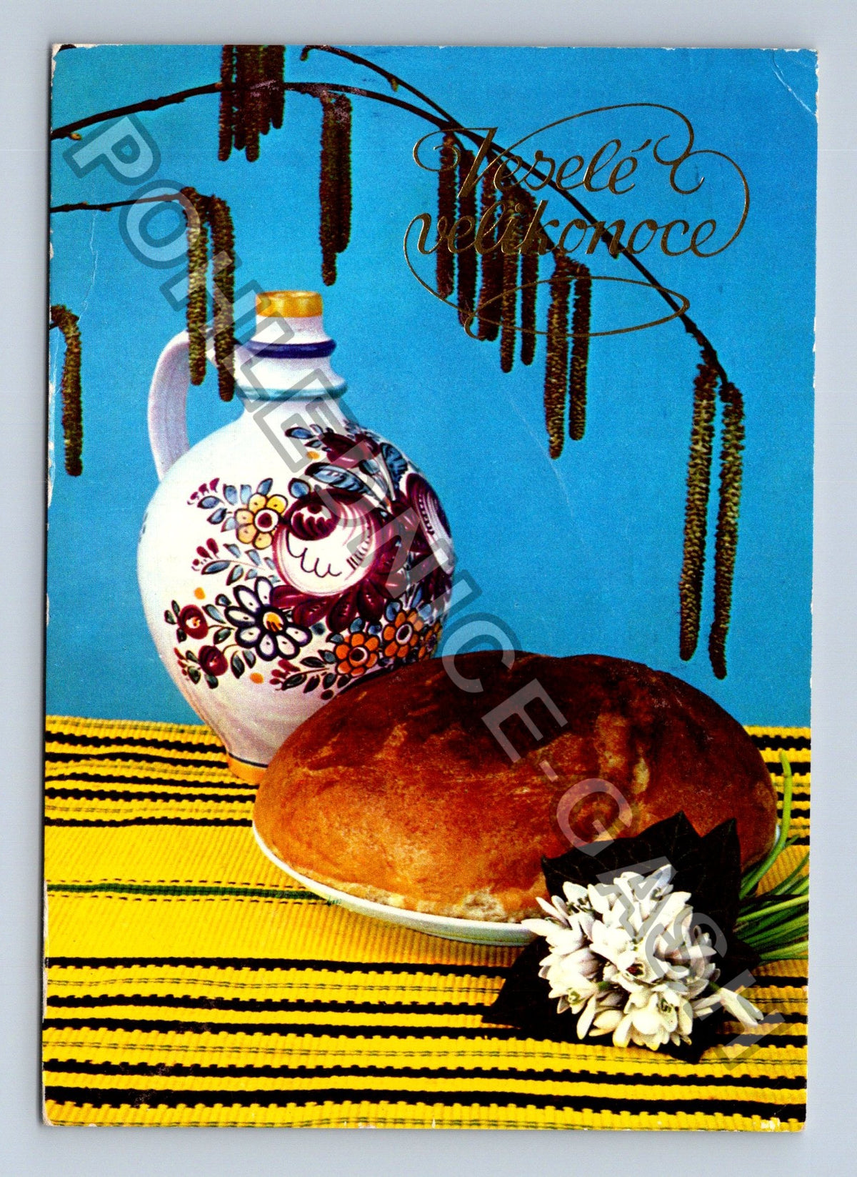 Pohlednice Veselé Velikonoce džbán chléb sněženky 1976 (M40934)