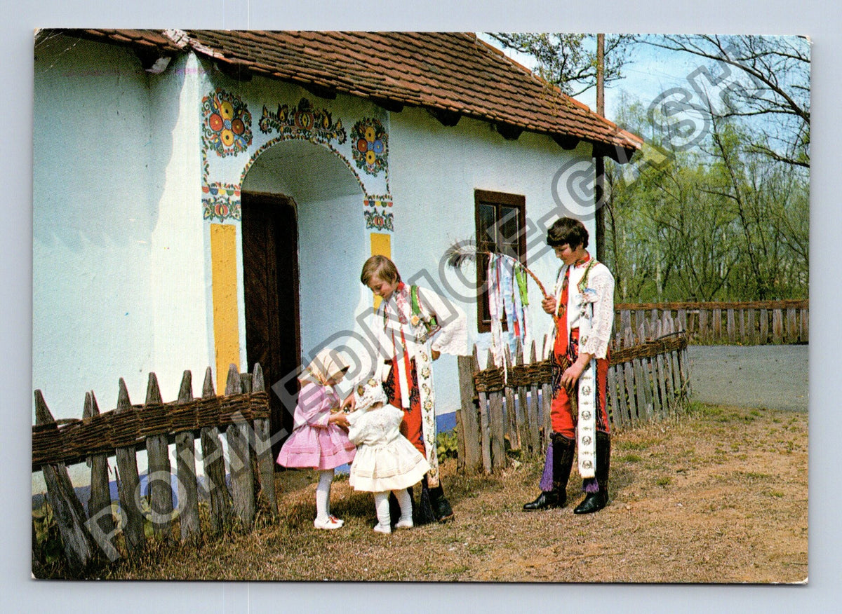 Pohlednice Etnografie krojovaný pár děti chalupa (M41019)