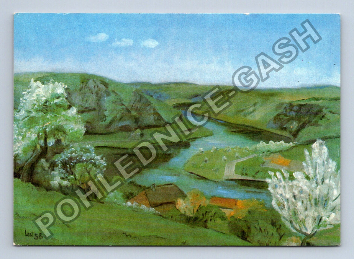 Pohlednice Krajina s řekou a domy malba (M41062)