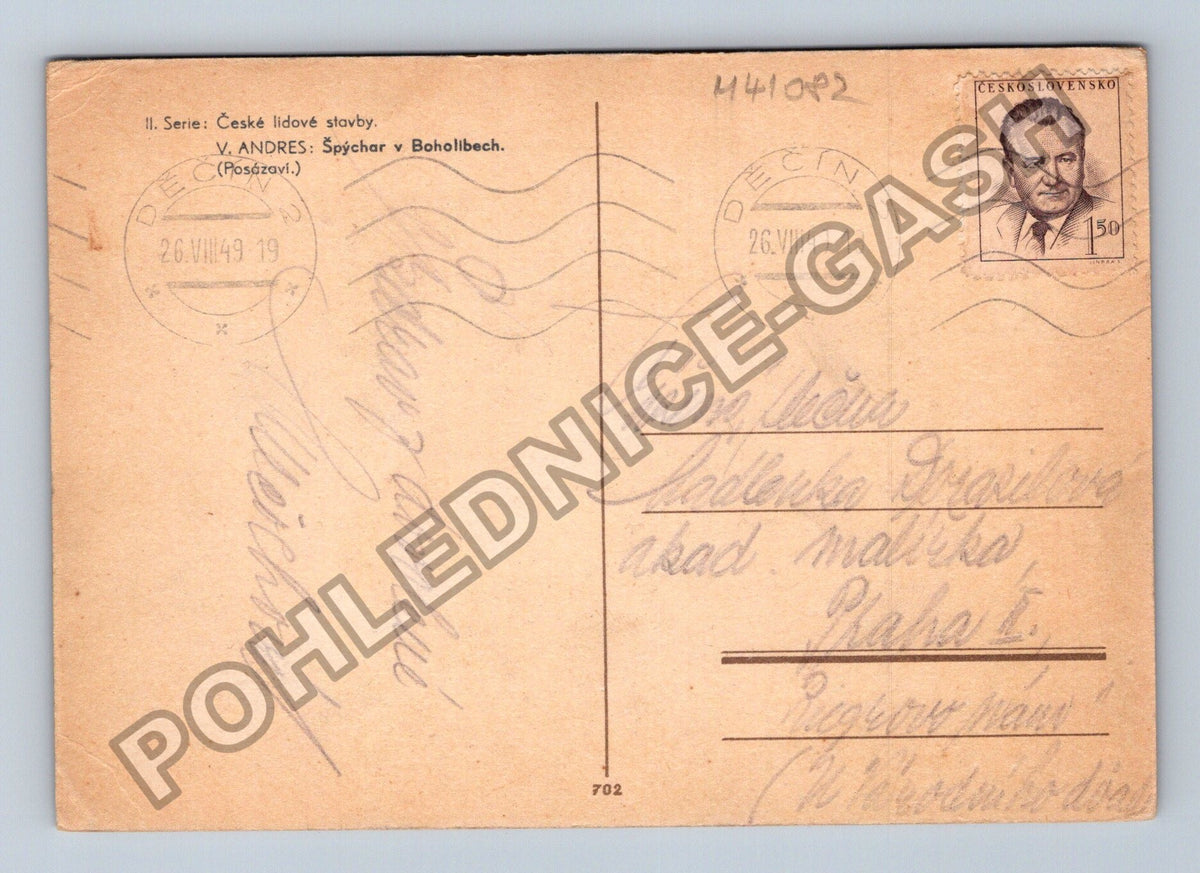 Pohlednice České lidové stavby Špýchar v Bohollbech 1949 (M41082)