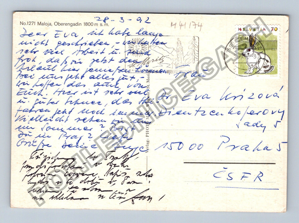 Pohlednice Švýcarsko Maloja Oberengadin 1800 m s.m. 1992 (M41174)