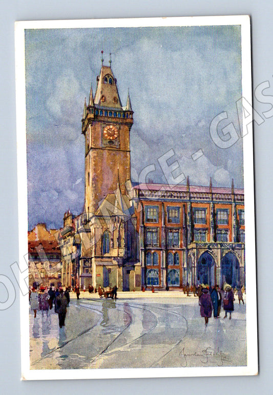 Pohlednice Praha Staroměstská radnice malovaný motiv (M4119)