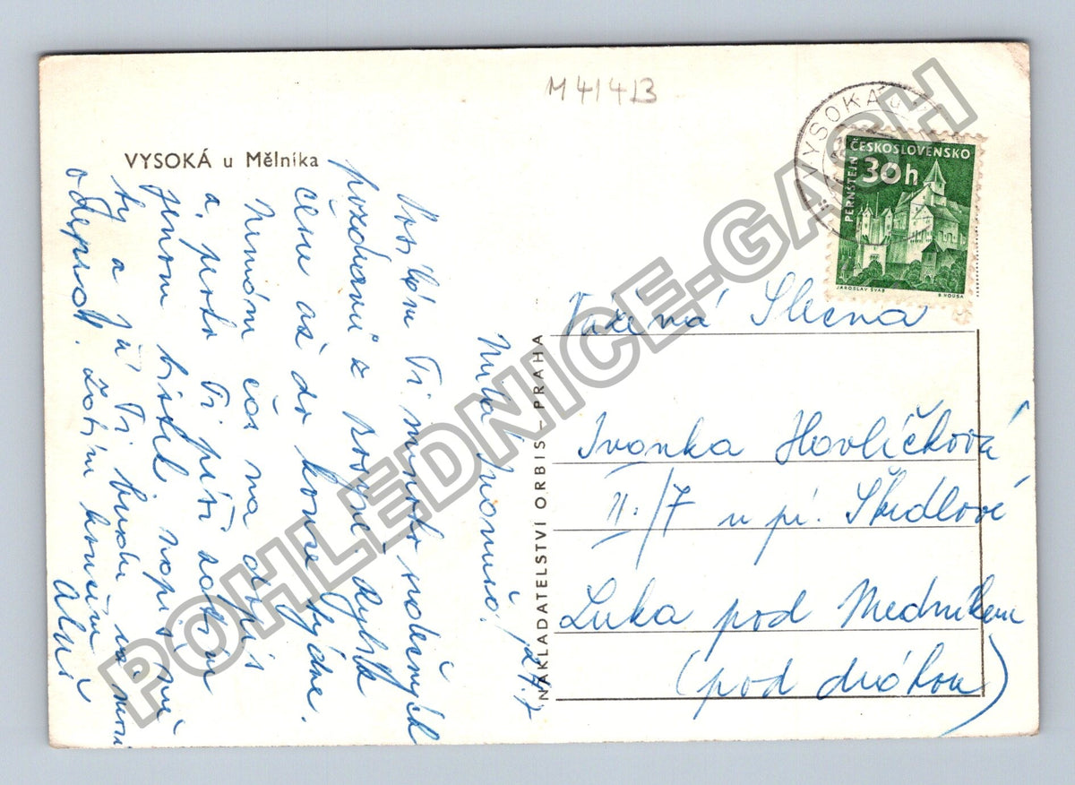 Pohlednice Vysoká u Mělníka kostel a domy (M41413)
