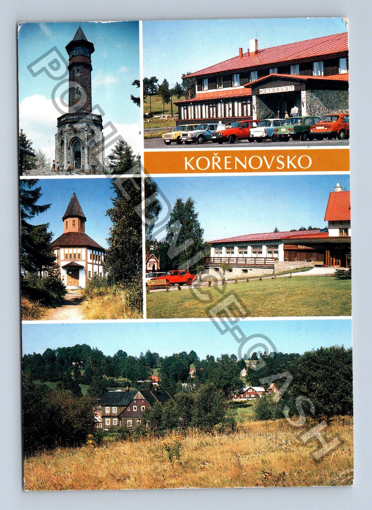 Pohlednice Kořenovsko koláž rozhledna Hvězda Motorest 1990 (M41419)