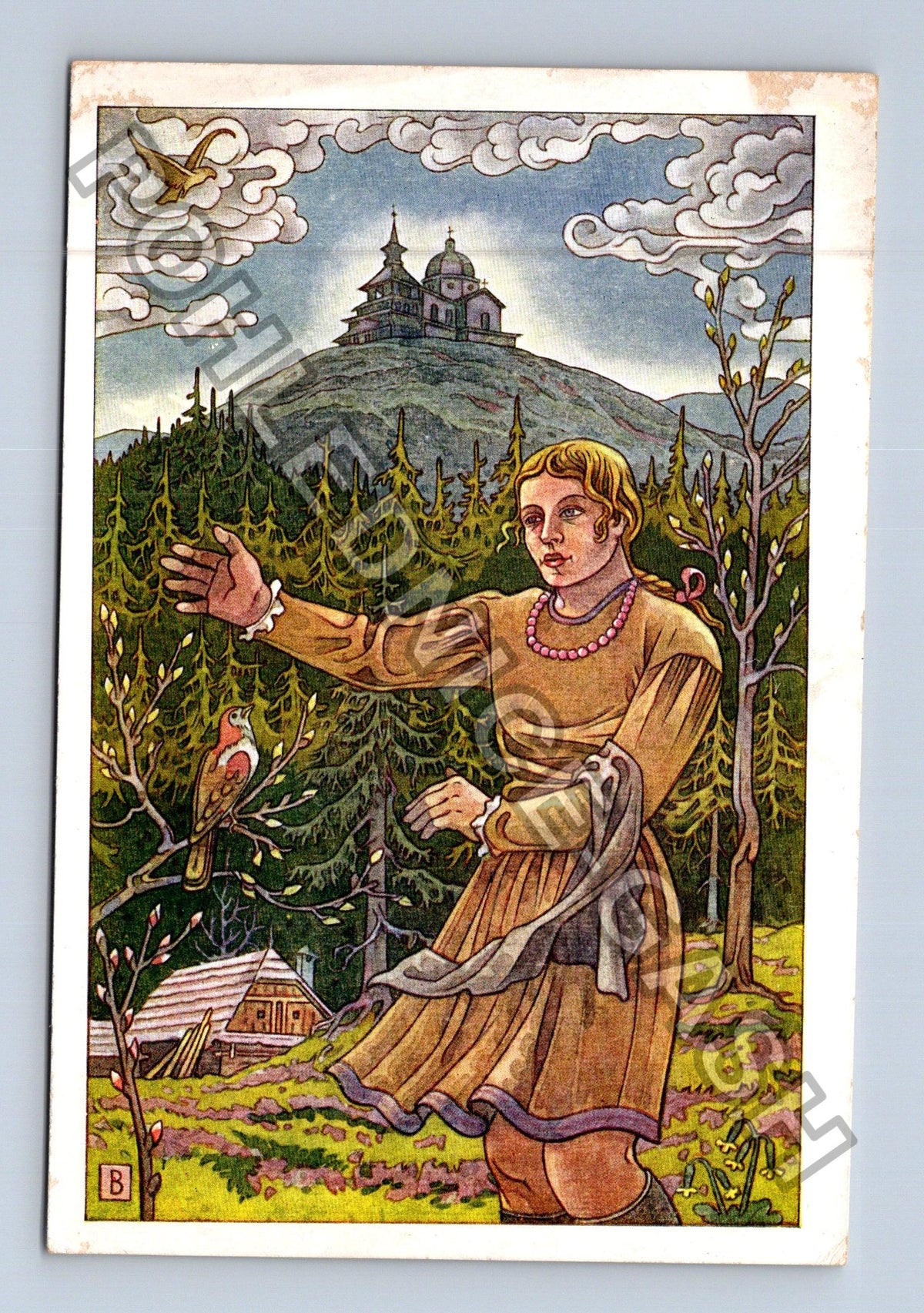 Pohlednice Jožka Baruch Pod Radhoštěm Dívka s ptáčkem (M41457)