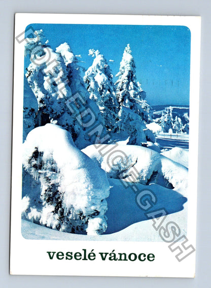 Pohlednice Veselé vánoce zasněžené stromy 1984 (M41494)