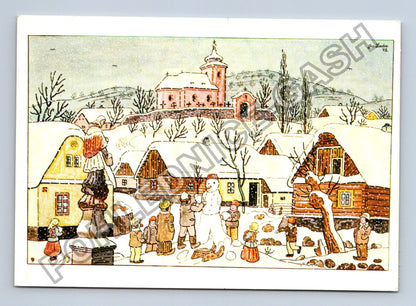 Pohlednice Zimní krajina s kostelem a dětmi Ladův motiv 1984 (M41497)