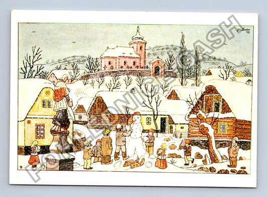 Pohlednice Zimní krajina s kostelem a dětmi Ladův motiv 1984 (M41497)
