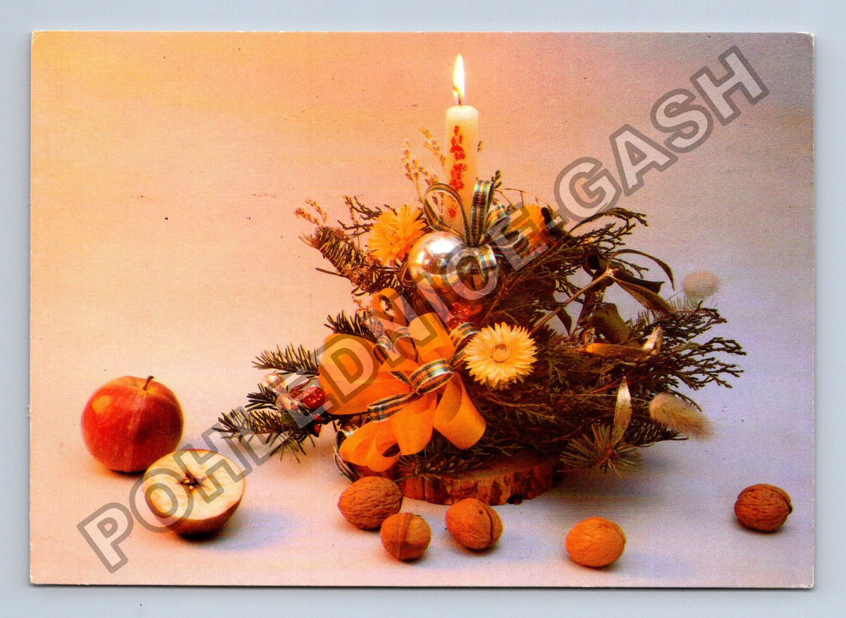 Pohlednice Vánoční zátiší se svíčkou jablky ořechy 1989 (M41503)