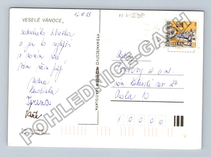 Pohlednice Vánoční motiv svíčka jehličí stříbrná stuha 1983 (M41508)