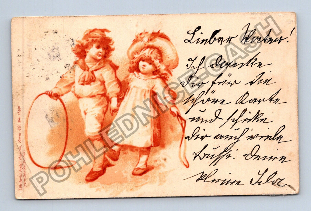 Pohlednice Německo děti s obručí a bičem 1910 (M41588)