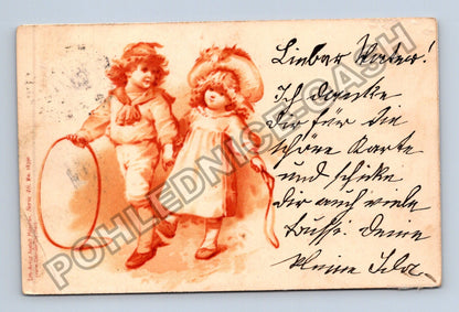 Pohlednice Německo děti s obručí a bičem 1910 (M41588)