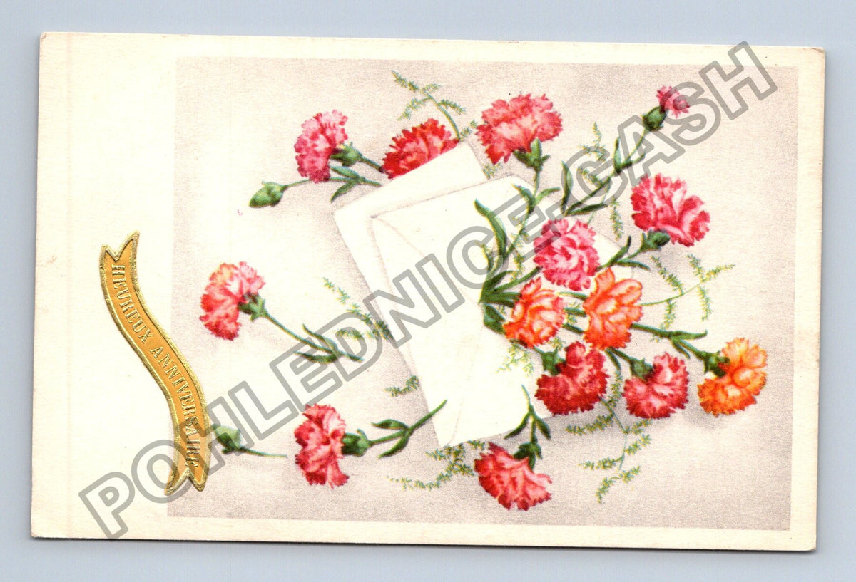 Pohlednice Francie Květiny a obálka Joyeux Anniversaire (M41644)