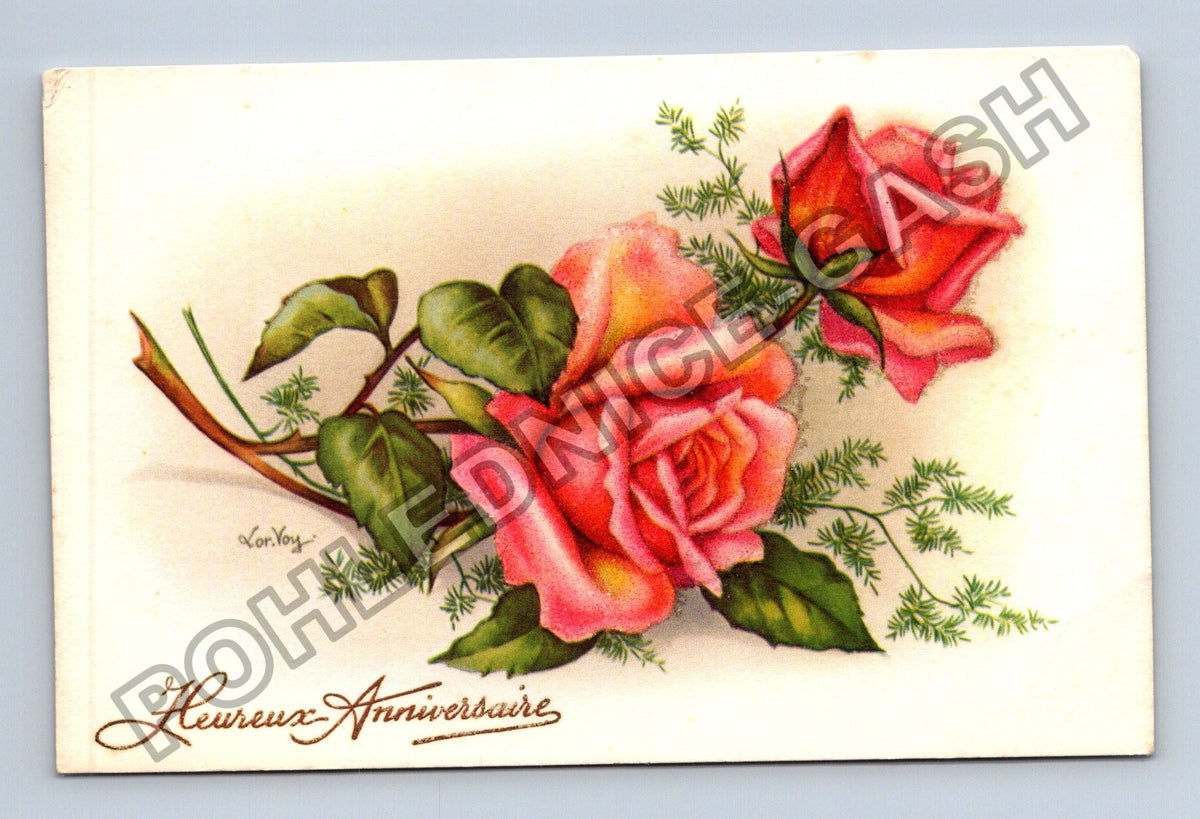 Pohlednice Francie Heureux Anniversaire růže (M41650)