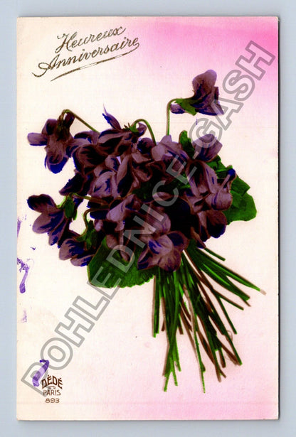 Pohlednice Francie kytice fialek Heureux Anniversaire (M41679)