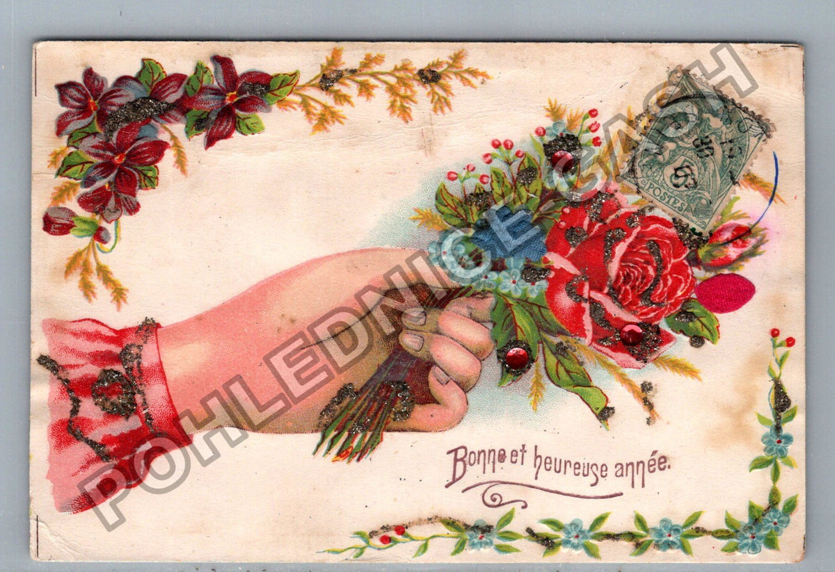 Pohlednice Francie ruka s kyticí Bonne et heureuse année (M41703)