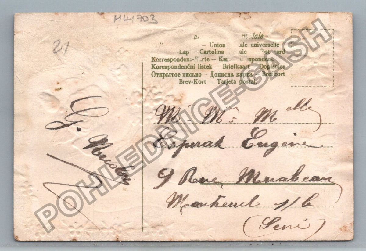 Pohlednice Francie ruka s kyticí Bonne et heureuse année (M41703)