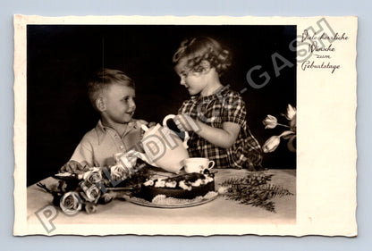 Pohlednice Německo děti u stolu s dortem narozeniny 1938 (M41708)