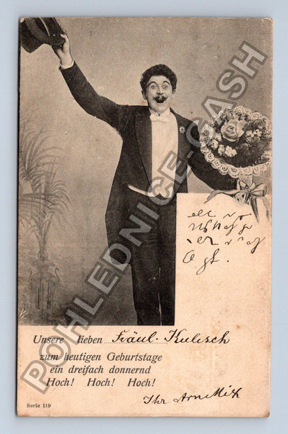 Pohlednice Německo muž s kyticí gratulace 1912 (M41722)