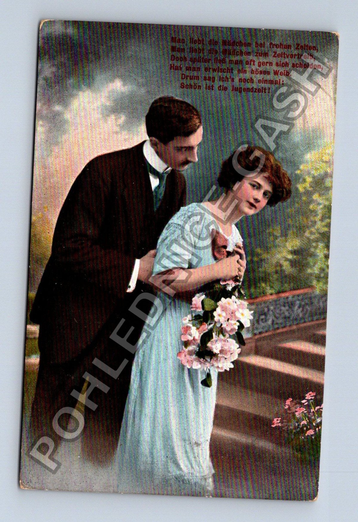 Pohlednice Německo pár s květinami báseň Merseburg 1915 (M41730)
