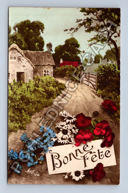 Pohlednice Francie venkovská krajina květiny Bonne Fete (M41761)