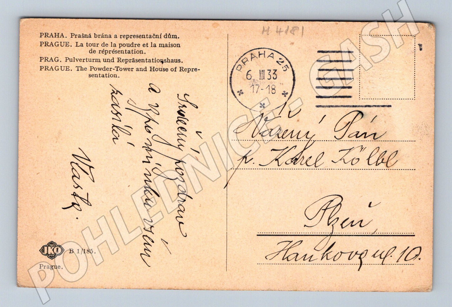 Pohlednice Praha Prašná brána a Obecní dům 1933 (M4181)