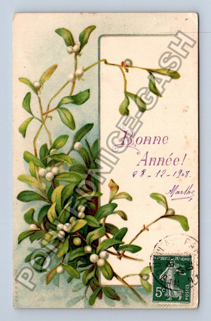 Pohlednice Francie Novoroční přání jmelí 1908 (M41812)