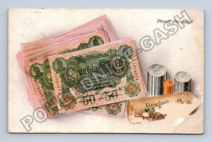 Pohlednice Německo Novoroční přání bankovky mince 1912 (M41830)