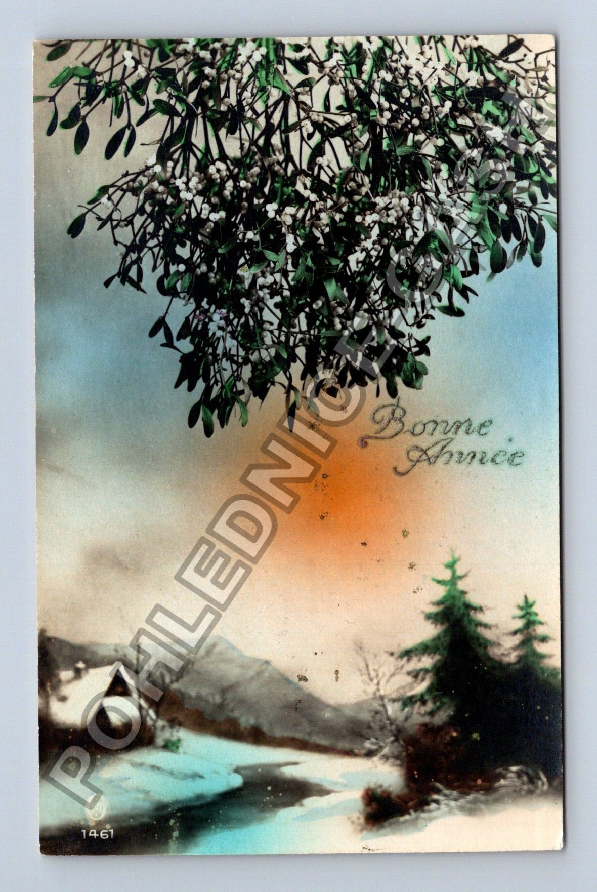 Pohlednice Francie Novoroční jmelí zasněžená krajina 1934 (M41832)
