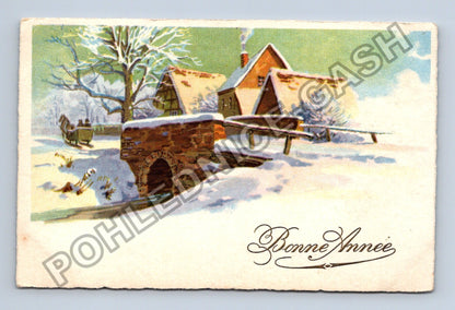 Pohlednice Francie zimní krajina s domy a saněmi (M41838)