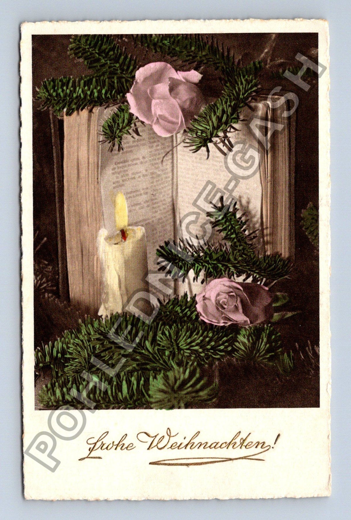 Pohlednice Frohe Weihnachten sváteční motiv kniha svíčka růže (M41856)