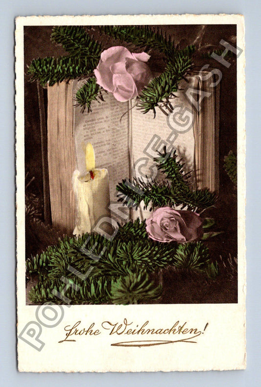 Pohlednice Frohe Weihnachten sváteční motiv kniha svíčka růže (M41856)