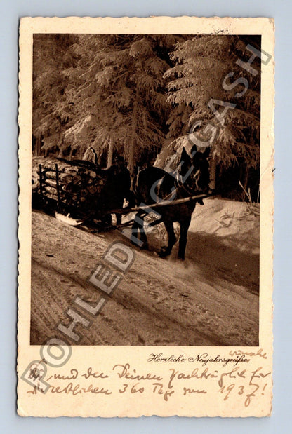 Pohlednice Německo zimní krajina s koňmi 1937 (M41868)