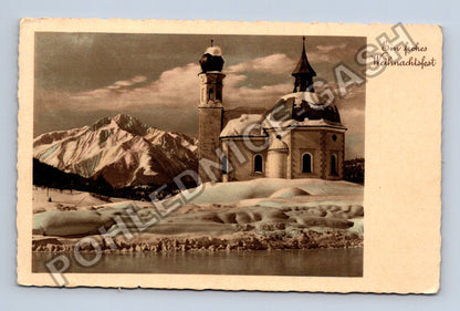 Pohlednice Německo kostel hory sníh Vánoce 1930 (M41870)
