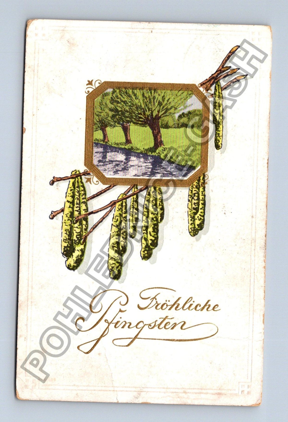 Pohlednice Fröhliche Pfingsten vrbové proutí cesta stromy (M41897)