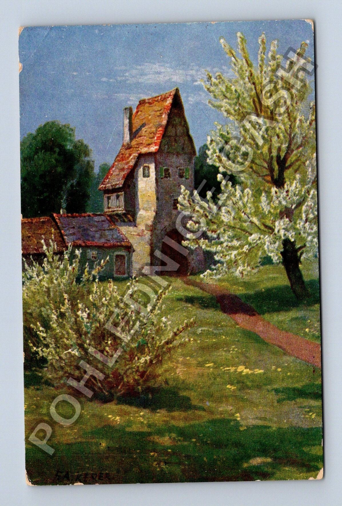 Pohlednice Německo malovaný motiv starý dům a strom (M42036)