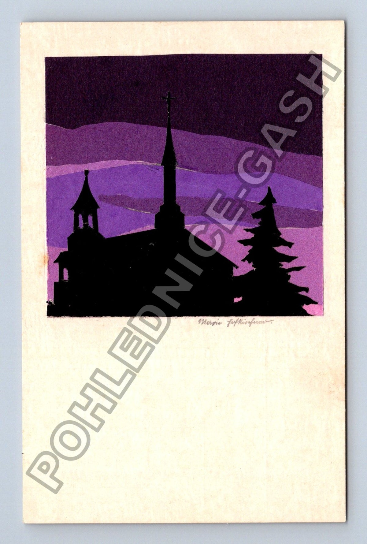 Pohlednice silueta kostela stromy fialové nebe Margie Hopkins (M42126)