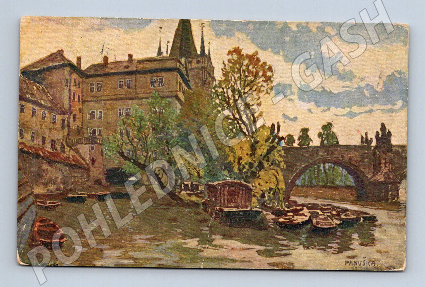 Pohlednice Praha Karlův most a klášter kolorovaný (M4217)