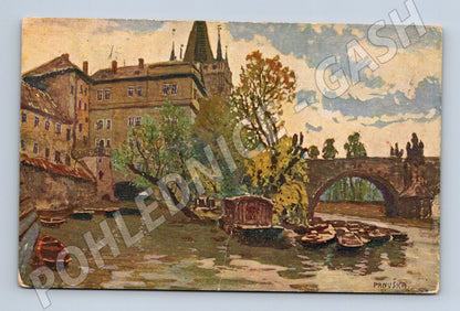 Pohlednice Praha Karlův most a klášter kolorovaný (M4217)