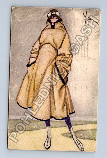 Pohlednice Rakousko módní ilustrace žena v kabátu 1914 (M42225)